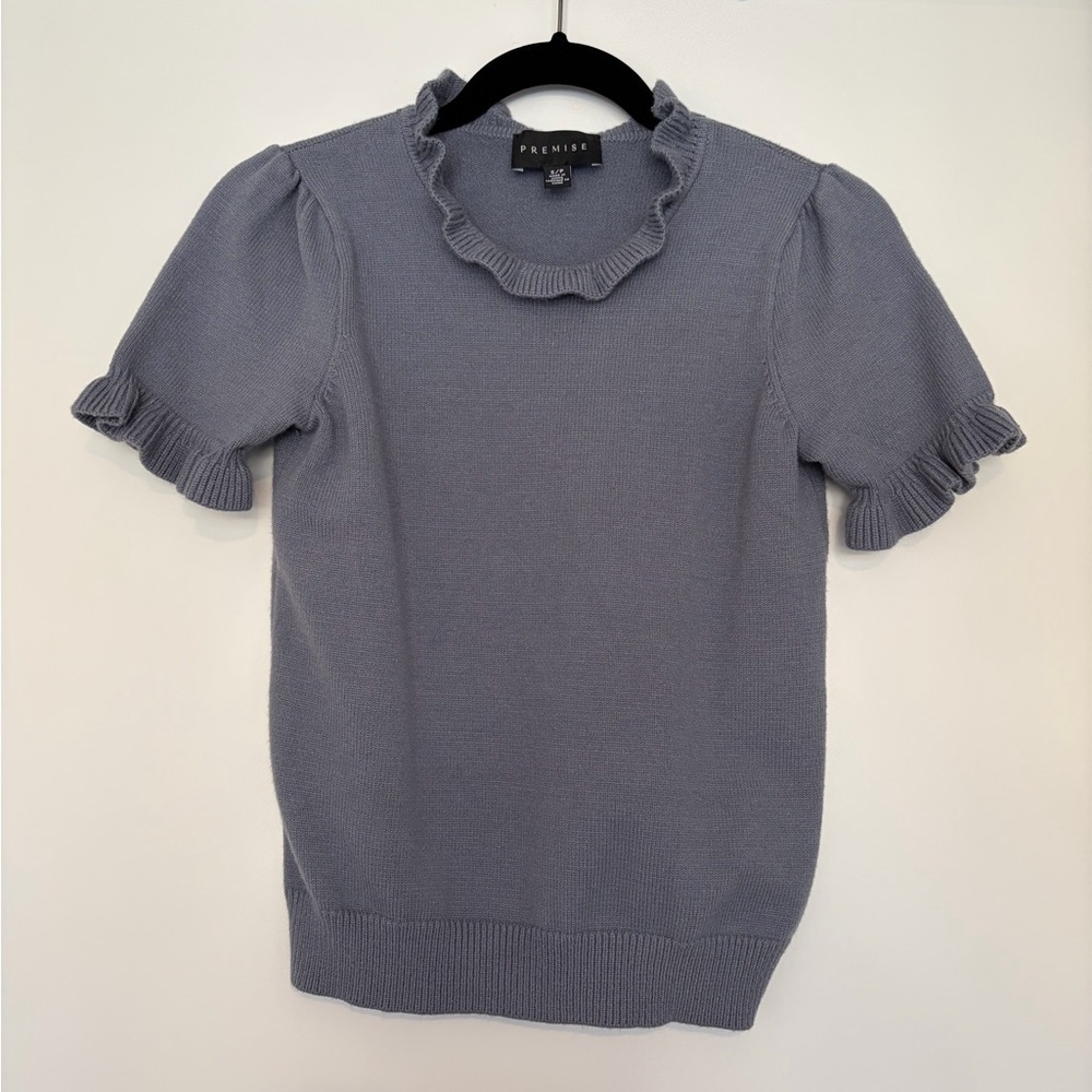 PREMISE Ruffle Neck Short Sleeve Sweater Top Blue, Size S
